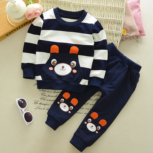 Children's Clothing Suit Boys And Girls Virgin Baby Cartoon Bear Striped Sweater Suit Children